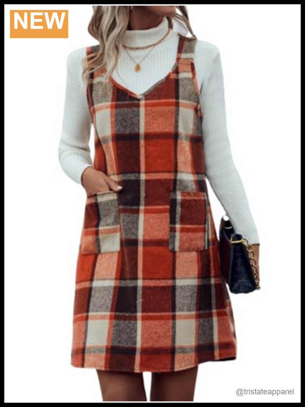 Sleeveless Plaid Overall Dress with Pockets V-Neck Above Knee